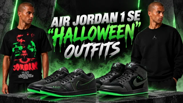 Air Jordan 1 SE Halloween outfits with black and green sneakers and matching Jordan apparel