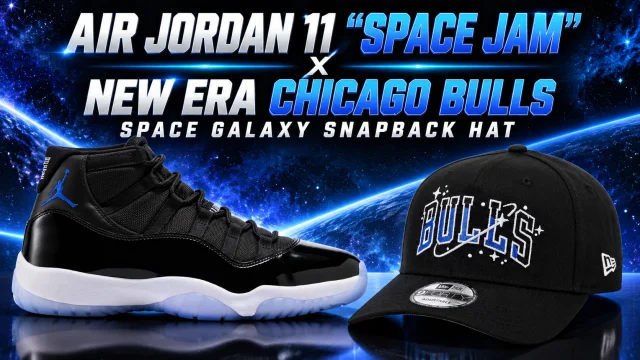 Air Jordan 11 Space Jam 2026 black and blue sneaker alongside a New Era Chicago Bulls Space Galaxy snapback hat with blue and white Bulls embroidery.