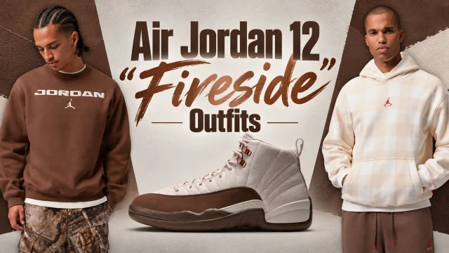 Air Jordan 12 Fireside sneakers in Light Orewood Brown and Cacao Wow with matching brown Jordan sweatshirt and cream Jordan hoodie outfits