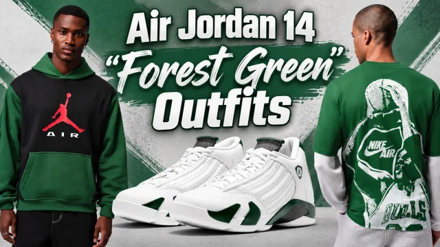 Air Jordan 14 Forest Green sneakers with matching green and black Jordan hoodie and green Nike Air graphic tee outfit ideas