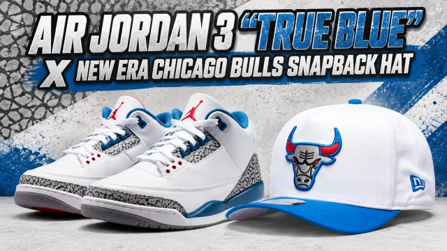 Air Jordan 3 True Blue sneakers paired with a white and blue New Era Chicago Bulls 9FIFTY A-Frame Snapback Hat.