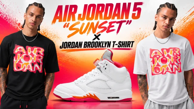 Air Jordan 5 “Sunset” sneakers with matching Jordan Brooklyn graphic T-shirts in black and white featuring red and orange designs.