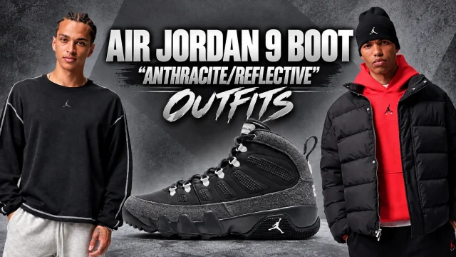 Air Jordan 9 Boot Anthracite Reflective outfits featuring the black and grey boots with matching Jordan Brand clothing, including a black long-sleeve top and black puffer jacket.