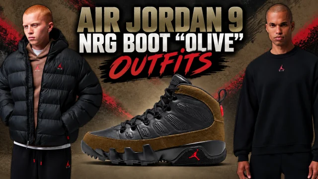 Air Jordan 9 NRG Boot Olive outfits featuring black and olive sneakers with matching Jordan Brooklyn puffer jacket and crew-neck sweatshirt.