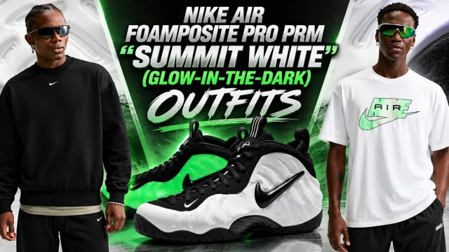 Nike Air Foamposite Pro PRM Summit White Glow-In-The-Dark sneakers with matching black Nike sweatshirt and white Nike Air T-shirt outfits