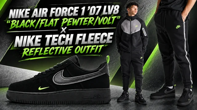 Nike Air Force 1 ’07 LV8 Black/Flat Pewter/Volt sneakers paired with matching Nike Tech Fleece Reflective Windrunner hoodie and jogger pants.