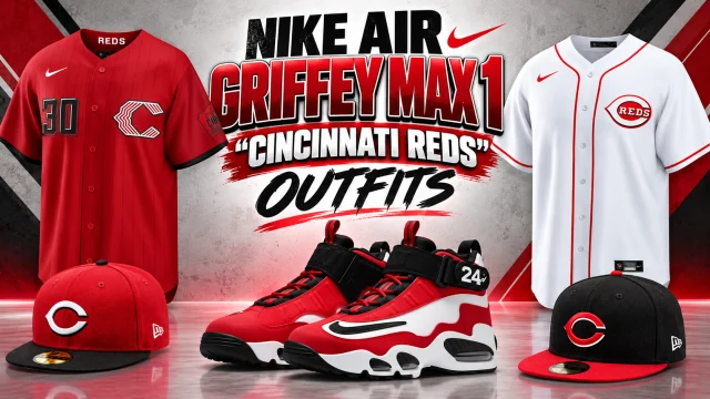 Nike Air Griffey Max 1 Cincinnati Reds sneakers with matching red and white Cincinnati Reds jerseys and New Era fitted hats.