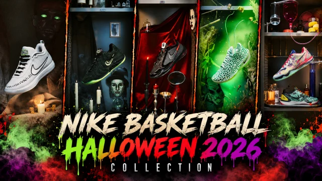 Nike Basketball Halloween 2026 Collection featuring Halloween-themed basketball sneakers displayed in spooky scenes with colorful smoke and horror-inspired graphics.